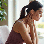 woman holding her scalene muscles in her neck