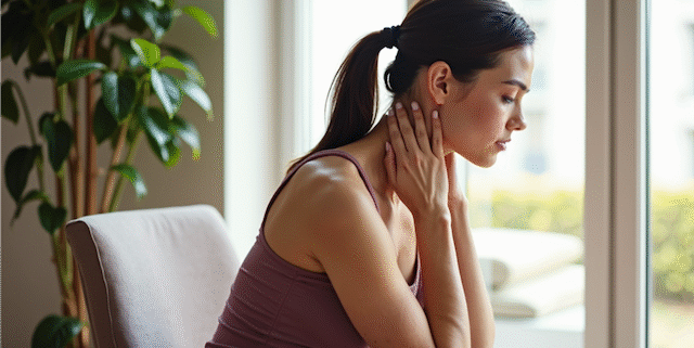 woman holding her scalene muscles in her neck